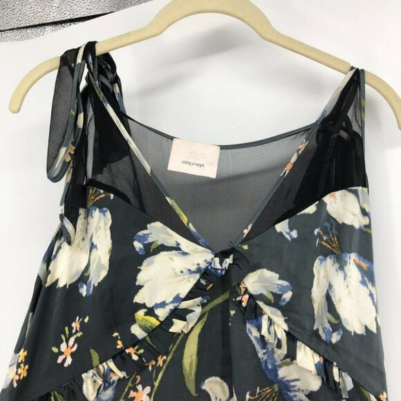 Cinq a sept (5 a 7) floral lily print black satin mesh  panel tie shoulders - Picture 3 of 13